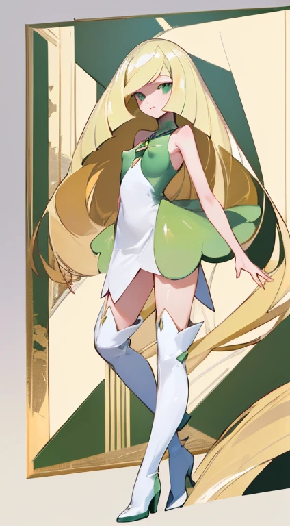 ((highest quality)), ((masterpiece)), (be familiar with), perfect face,{nsfw},Lusamine,long blonde hair,small breasts,pointed nipples,adult women,green eyes,Pokémon-like,White sleeveless dress,Knee-high boots,Green Pendant,Bewitching