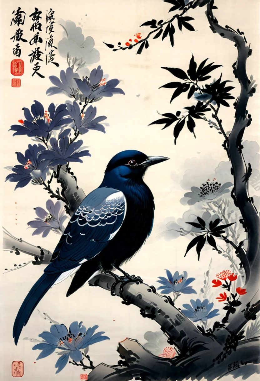 Crow, by Feng Zikai, (masterpiece, best quality, Professional, perfect composition, very aesthetic, absurdres, ultra-detailed, intricate details:1.3)