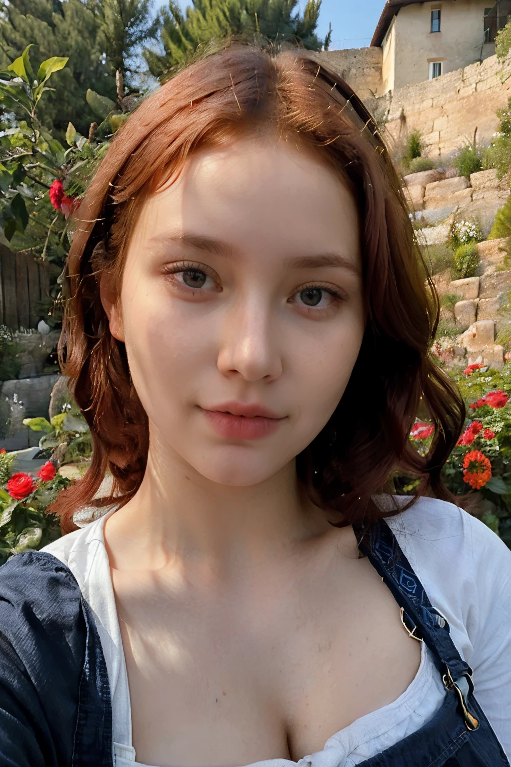 ((best quality)), ((masterpiece)), (detailed), perfect face 
woman with a jupe and in garden  background, red hair Curly Crop
, blue symmetric eyes 24yo, without makeup, looking directly at the camera, looking straight to camera, front portrait, 24 year-old tunisian woman, frontal picture, selfie of a young woman, full face portrait