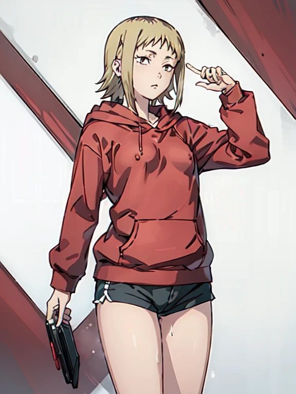 ((highest quality)), ((masterpiece)), (be familiar with),Akane Sawatari,((nsfw)),((small breasts)),((pointed nipples)),red hoodie,shorts