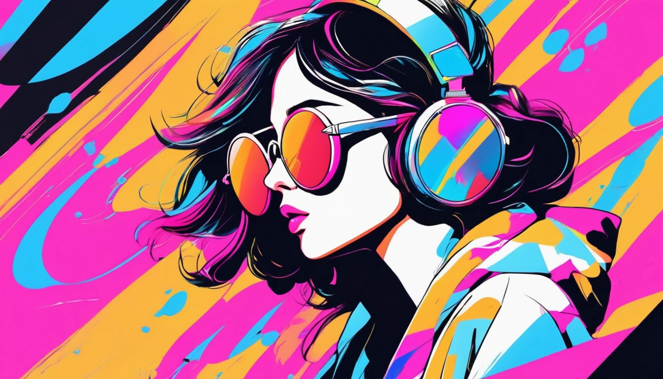 Mulher , usando fone de ouvido, listening to music, triste, fundo preto, cores roxas, digital illustration style, sunglasses, estilo de anime. 8k. obra-prima.