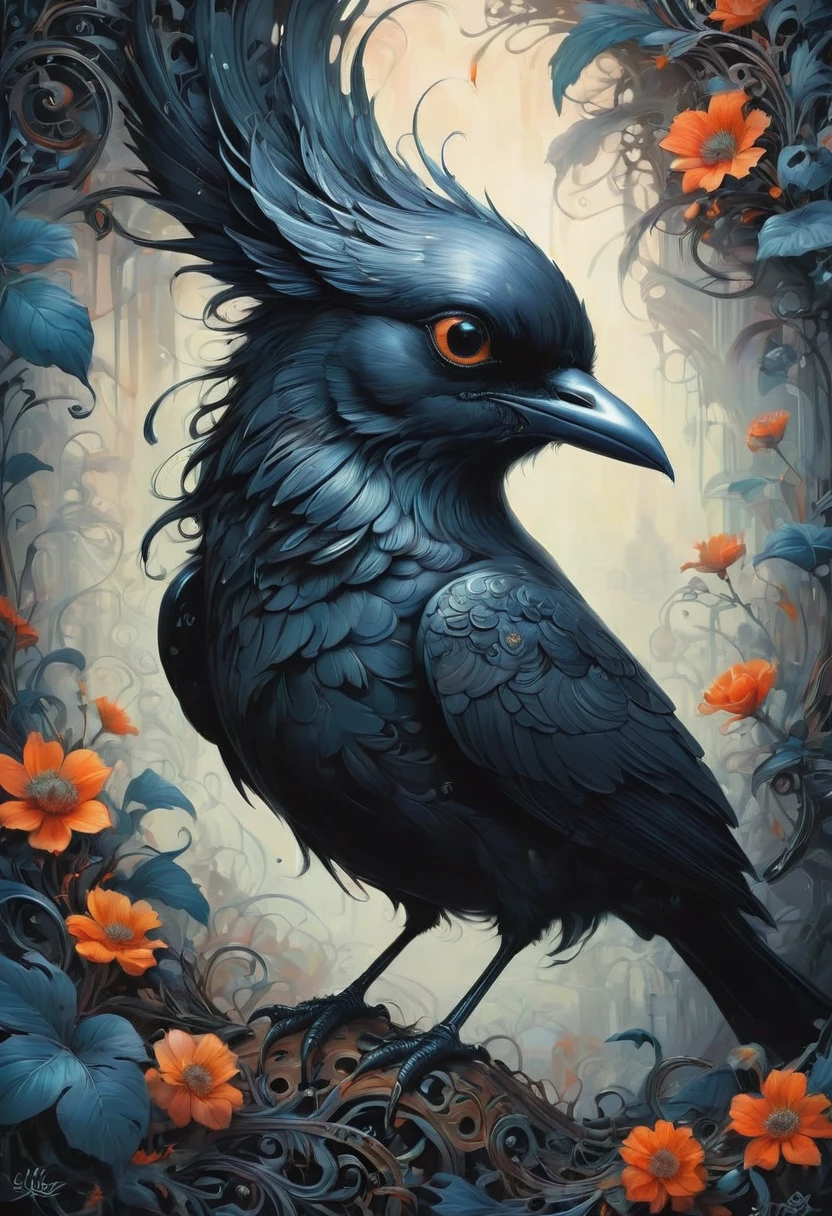 Crow, by lois van baarle, best quality, masterpiece, very aesthetic, perfect composition, intricate details, ultra-detailed