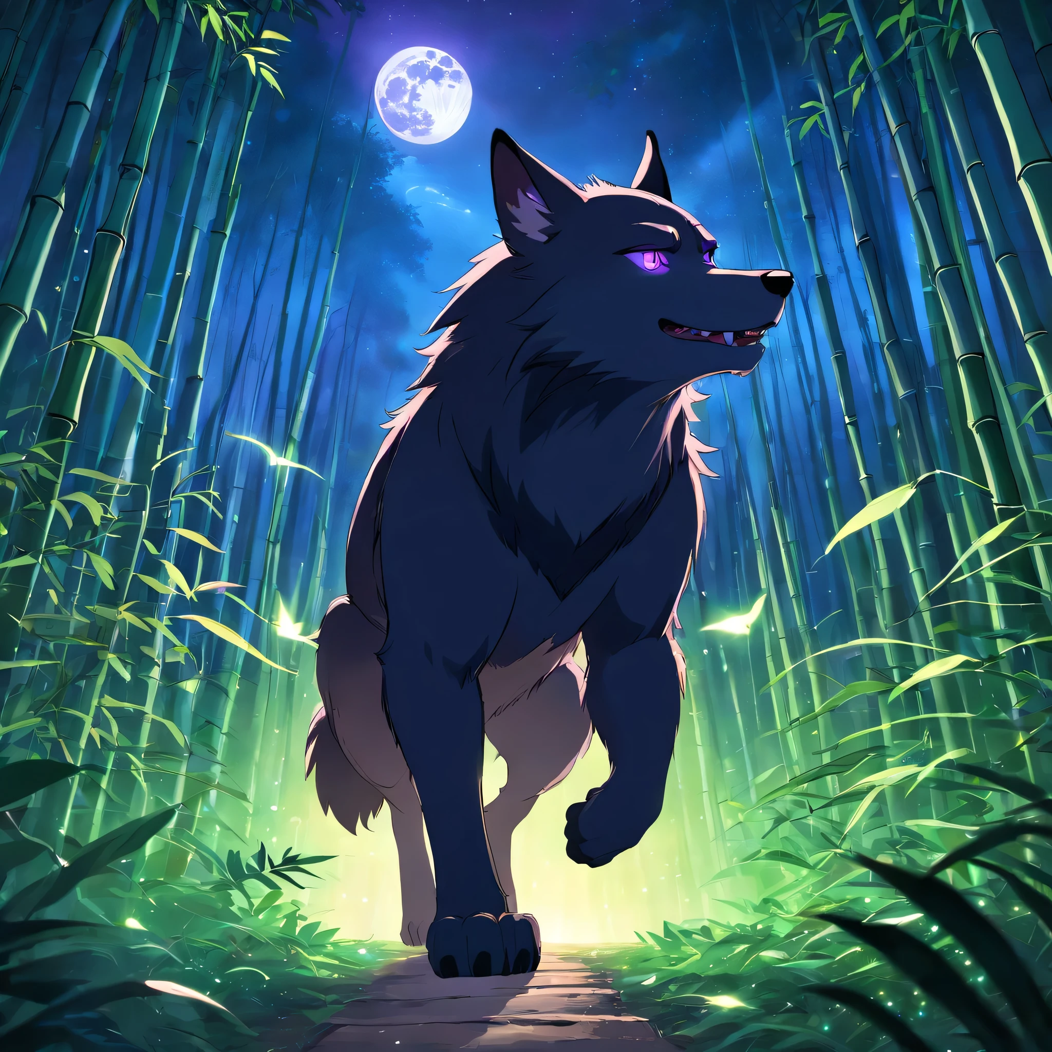 Silent night, quiet bamboo forest, bamboo leaves falling with the wind, full moon in the sky, fireflies flying, male werewolf, black fur with purple eyes, blue lightning aura, full body, 3D Image