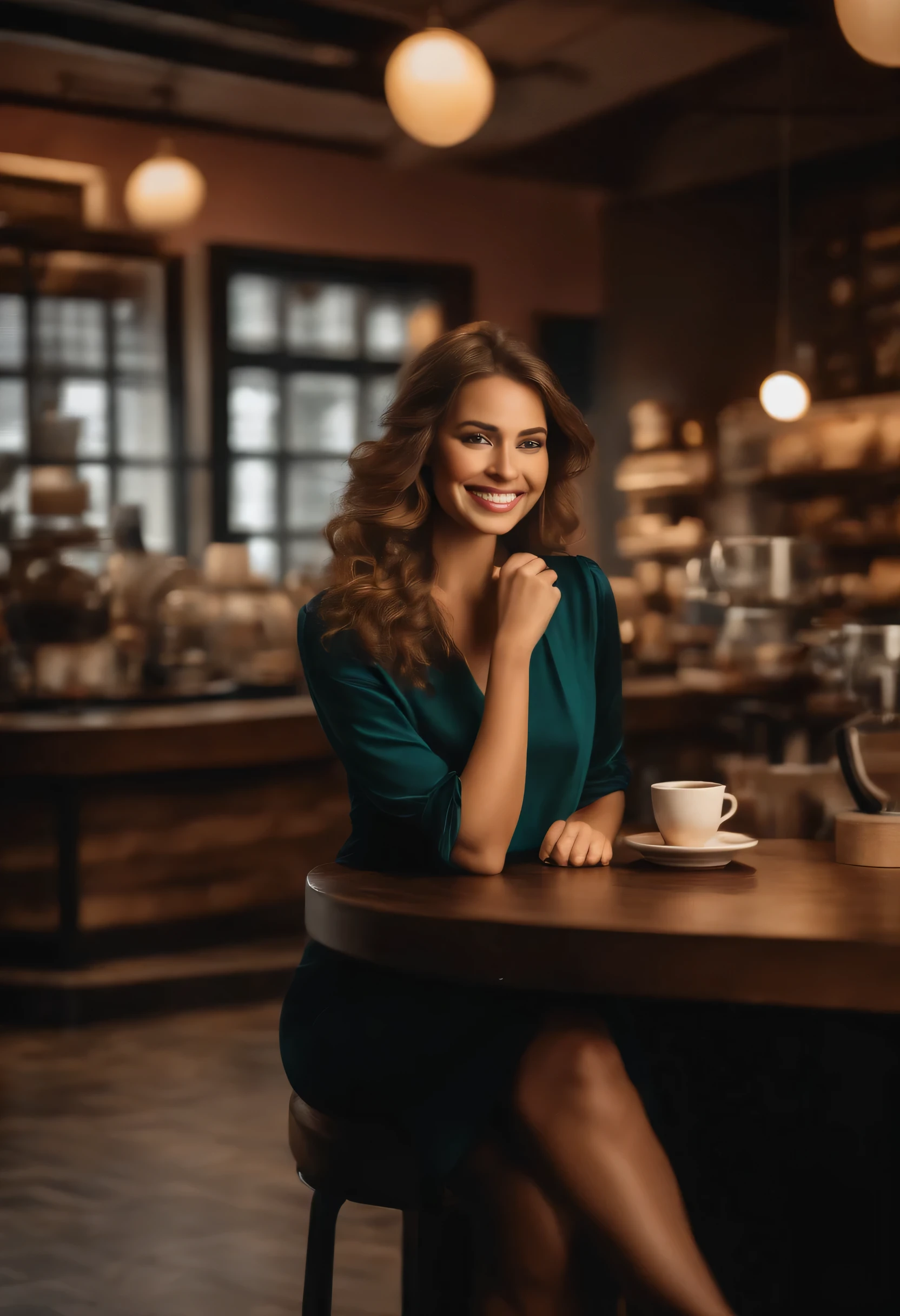 (fotorrealista: 1.4), (melhor qualidade: 1.0), (Ultra high resolution: 1.0), 8k, foto CRU, (obra-prima: 0.2), 1 garota, pele bonita, pele detalhada, Sorridente, sentado, Tronco, (Secretary :1.5, cafeteria:1.5),