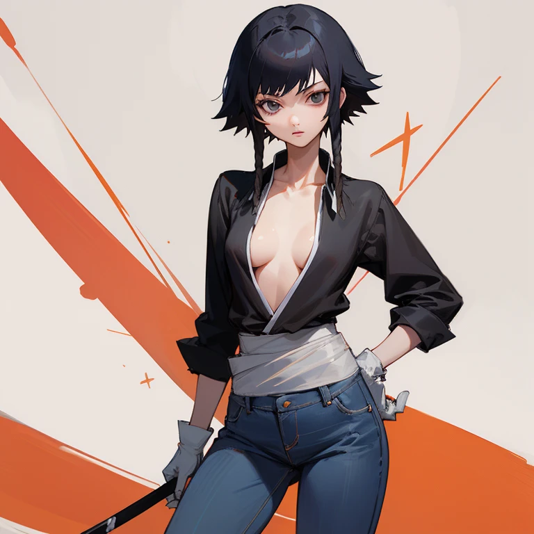 ((highest quality)), ((masterpiece)), (be familiar with), BLEACH,Soi Fon, 1 girl, alone, black hair,slanted eyes, Black clothes,jeans, Slender,slender,short hair with long locks, short hair, small breasts, No bra, gloves, put your hand on your waist