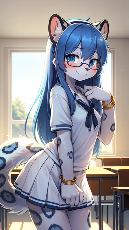 snow leopard girl,blue eyes,blue long hair,white leopard ears,white leopard tail,black leopard print,white leopard fur,white shirt with blue line,shirt tail,white mini skirt with blue line,ribbon hairpin,glasses,fluffy bracelet,classroom,morning,white sunlight,looking at viewer,smile,shy face,full face blush