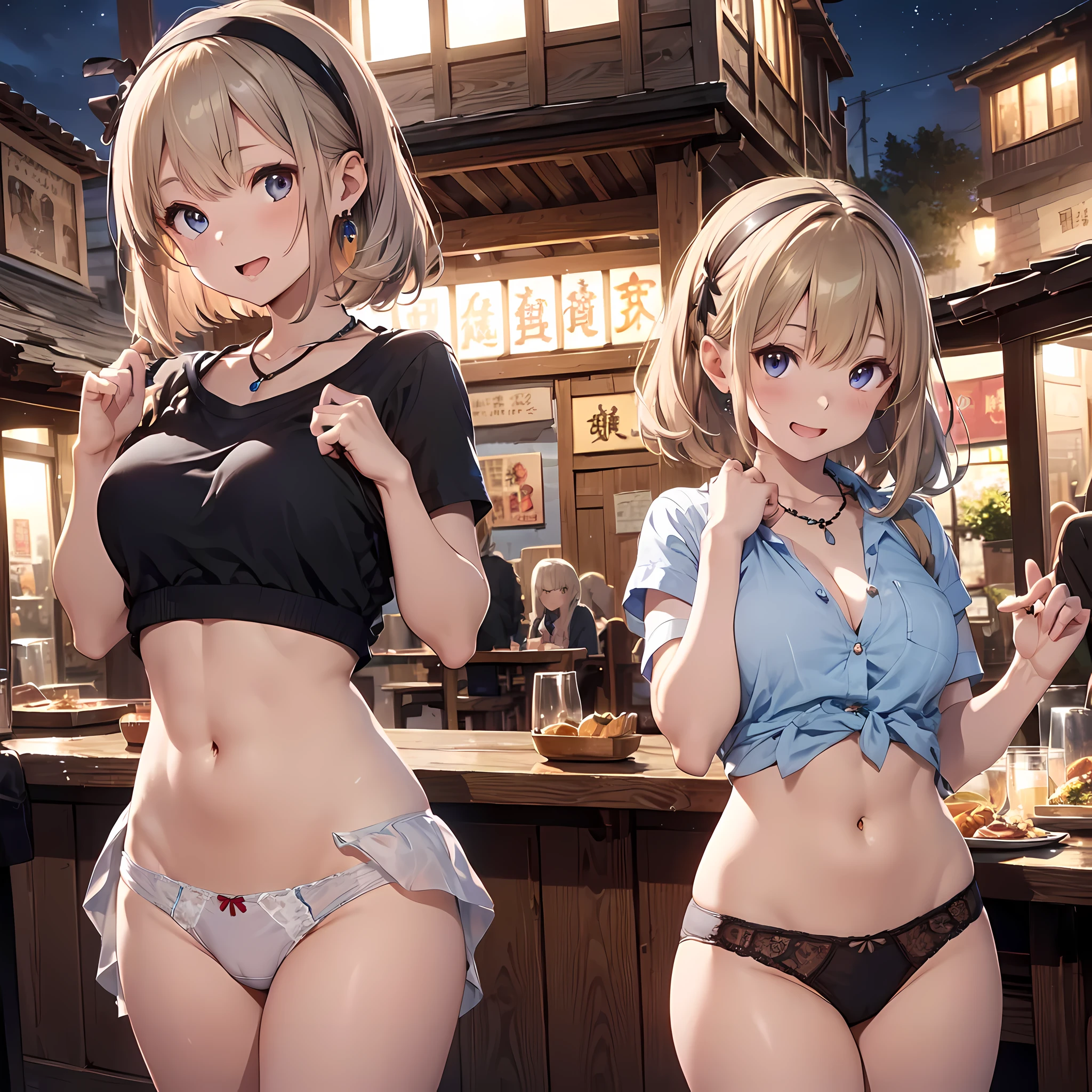 ((masterpiece, best quality, ultra quality, high quality, hyper detailed, intricate detailed, perfect ???????, shiny skin, cowboy shot,)), (3 woman:1.5), cute woman are posing for a camera,  (In the tavern at night:1.2)、  (Lifting SHIRT:1.3),  (open your mouth and laugh:1.3),  (line up in a row)、(tits)、hair band, headband, hair bobbles, blouse, shirt,silver hair, brown hair, blond hair, (navel), jewelry, looking at viewer, necklace, long hair, short hair, (abs), (Depth of the bounds written), panties,