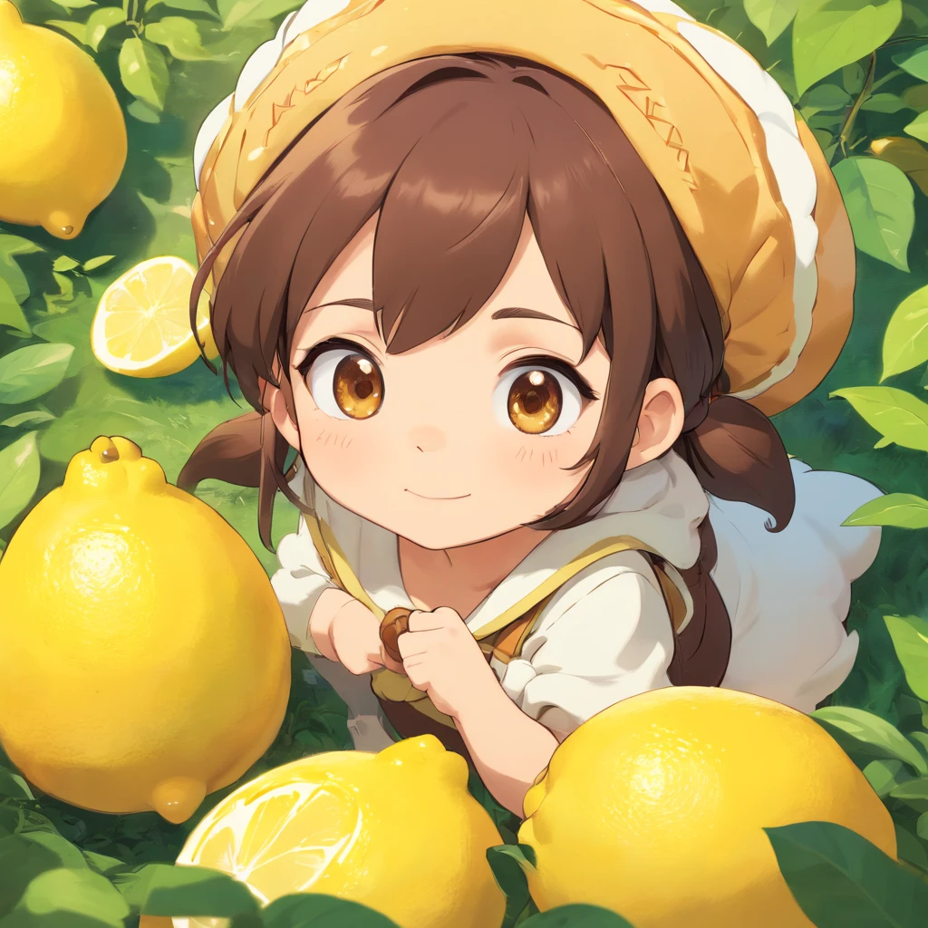 anime style, kawaii style lemon meringue, mocha skintone, dark brown hair color, brown eyes, lemon character, gnome background magical, full body, 3D Image 
