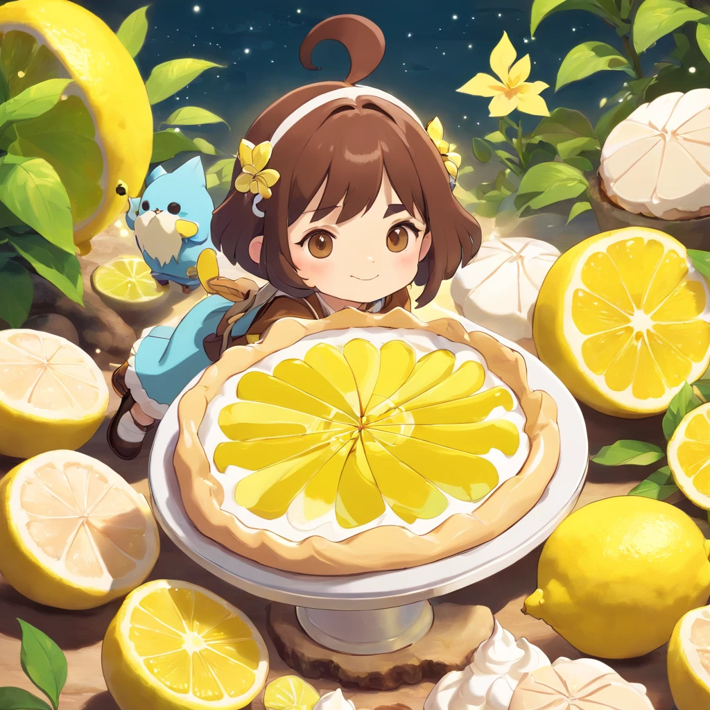 anime style, kawaii style lemon meringue, mocha skintone, dark brown hair color, brown eyes, lemon character, gnome background magical, full body, 3D Image 