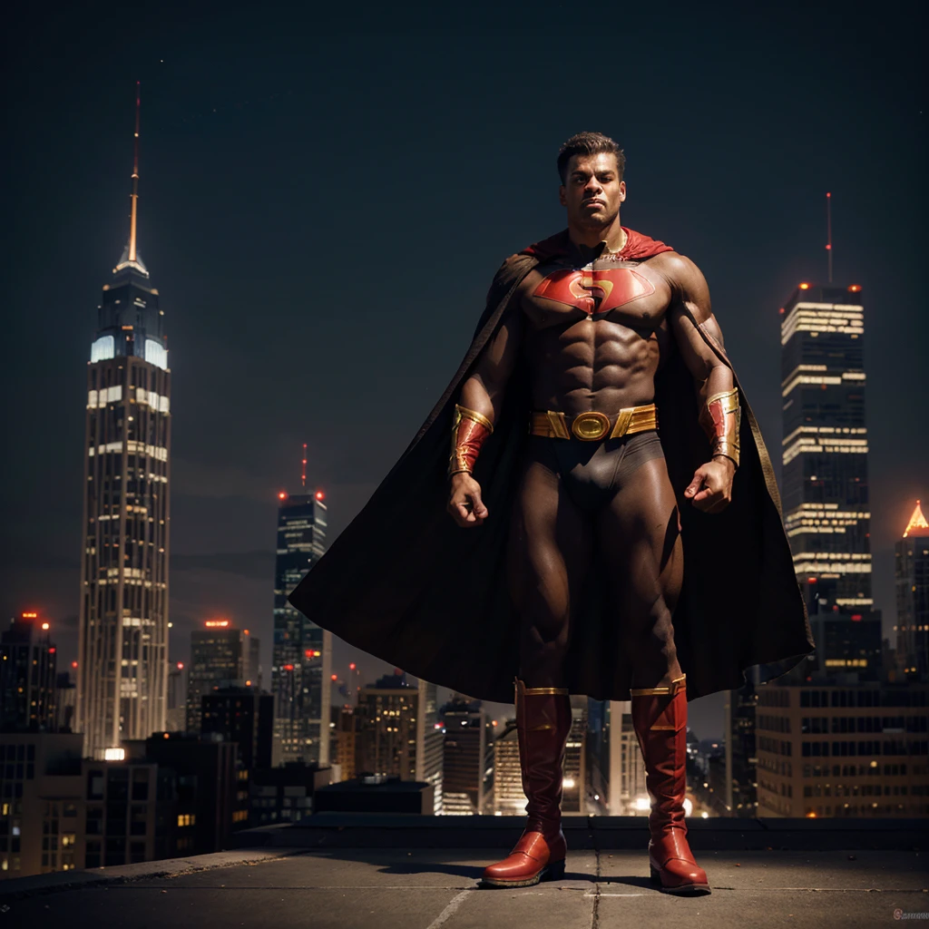 (best quality, realistic, ultra-detailed), muscular,mulatto race, tall, male superhero, black spandex hero costume, red and gold accents, red cape, tall boots, no gloves, standing proudly, powerful stance, at the top of a city skyline, towering buildings, bustling streets, bright city lights, dramatic shadows, with a slight wind blowing his cape, showing his strength and determination.