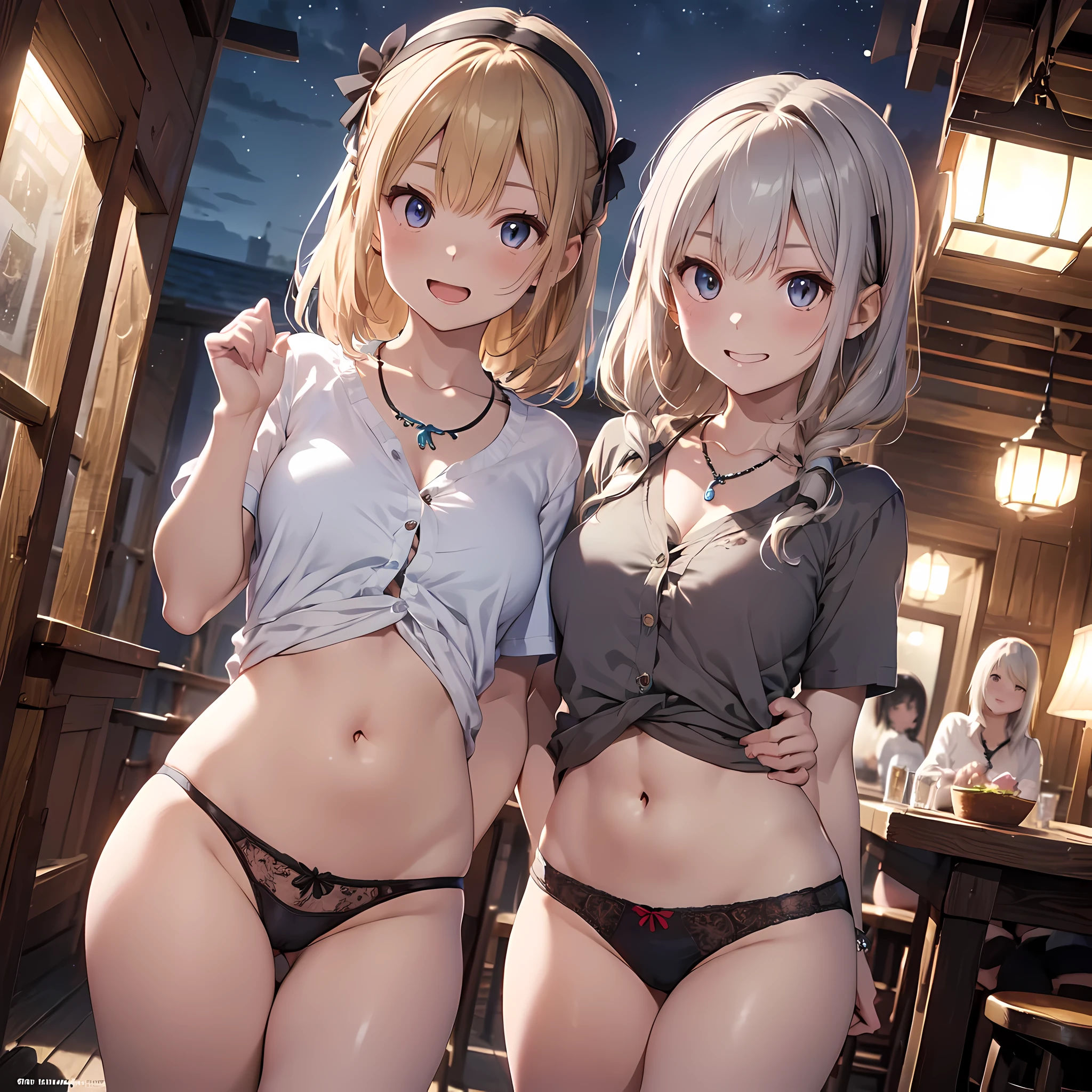 ((masterpiece, best quality, ultra quality, high quality, hyper detailed, intricate detailed, perfect anatomy, shiny skin, cowboy shot,)), (3 woman:1.5), cute woman are posing for a camera,  (In the tavern at night:1.2)、  (Lifting SHIRT:1.3),  (open your mouth and laugh:1.3),  (line up in a row)、(tits)、hair band, headband, hair bobbles, blouse, shirt,silver hair, brown hair, blond hair, (navel), jewelry, looking at viewer, necklace, long hair, short hair, (abs), (Depth of the bounds written), panties,
