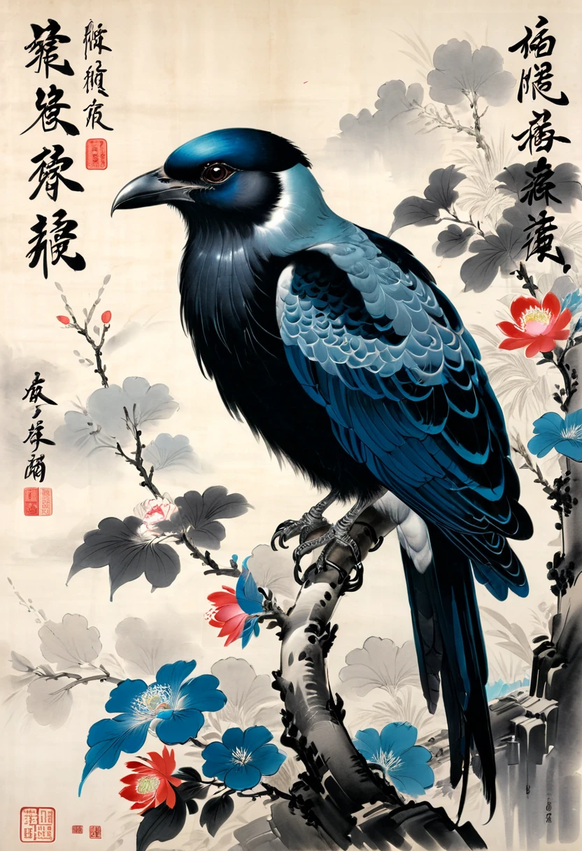 Crow, by zhang daqian, (masterpiece, best quality, Professional, perfect composition, very aesthetic, absurdres, ultra-detailed, intricate details:1.3)
