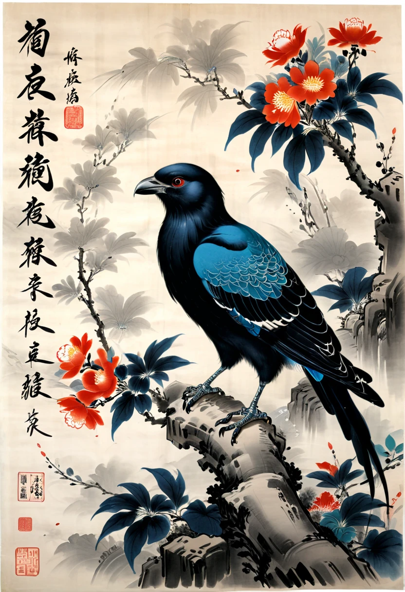 Crow, by zhang daqian, (masterpiece, best quality, Professional, perfect composition, very aesthetic, absurdres, ultra-detailed, intricate details:1.3)