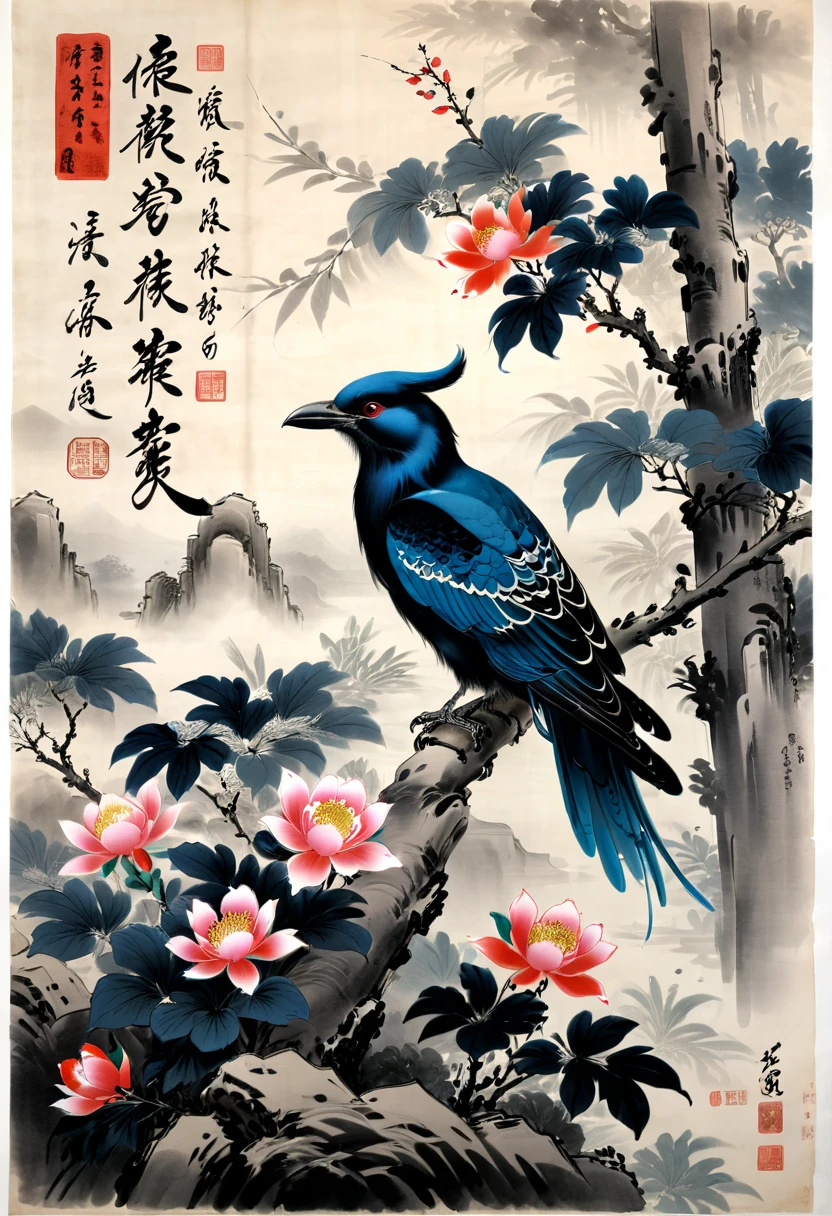 Crow, by zhang daqian, (masterpiece, best quality, Professional, perfect composition, very aesthetic, absurdres, ultra-detailed, intricate details:1.3)