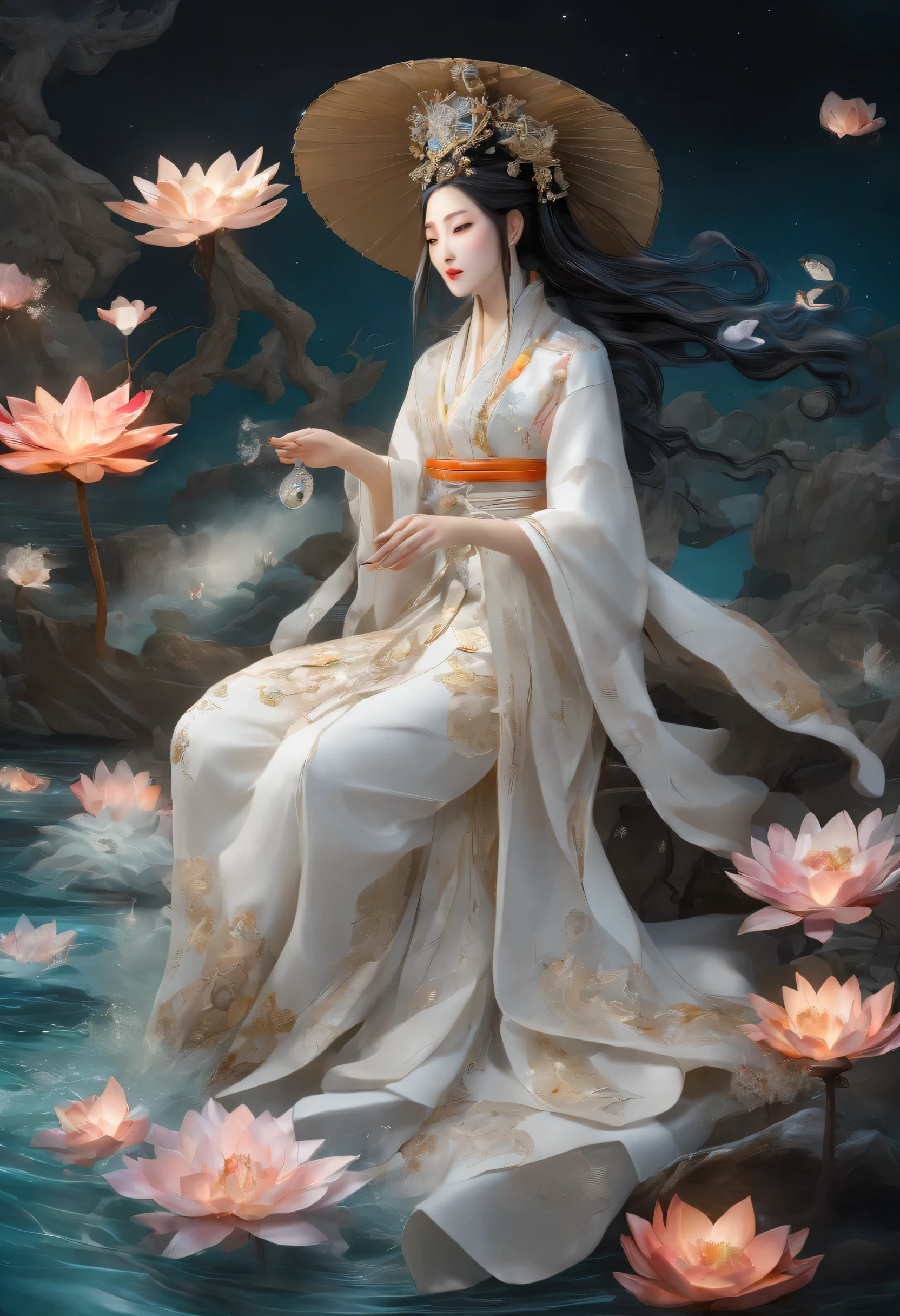 anime girl in a white dress floating in the water with a boat, xianxia fantasy, goddess of the moon, a beautiful fantasy empress, by Yang J, chinese fantasy, beautiful maiden, queen of the sea mu yanling, moon goddess, lunar goddess, flowing magical robe, beautiful celestial mage, by Leng Mei, ((a beautiful fantasy empress))