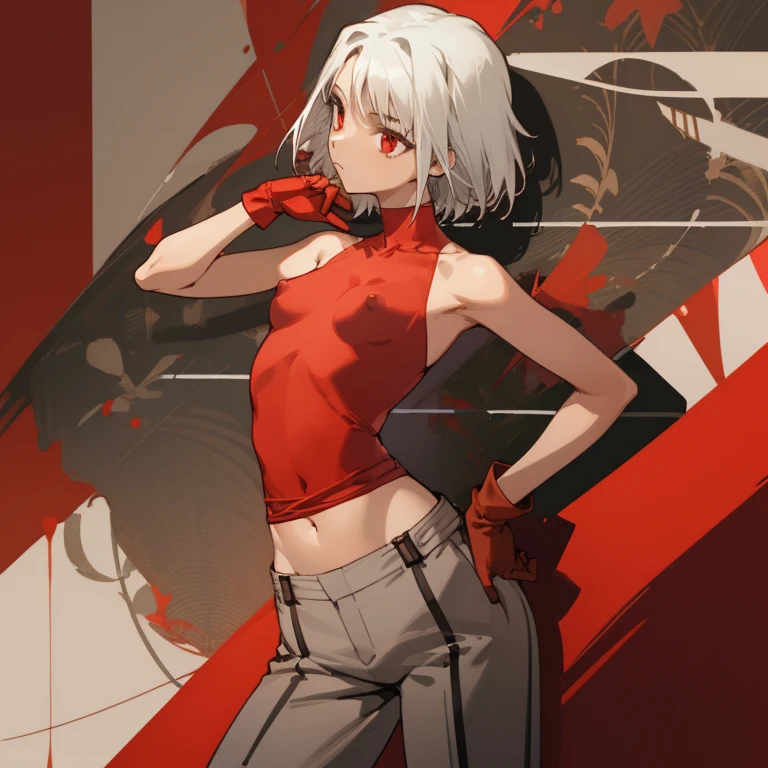 ((highest quality)), ((masterpiece)), (be familiar with), CANAAN, 1 girl, alone, silver hair,brown skin,red eyes,long pants,red sleeveless,Clothes with a visible back, Slender,slender,short hair,small breasts, erect nipples, No bra, gloves, put your hand on your waist