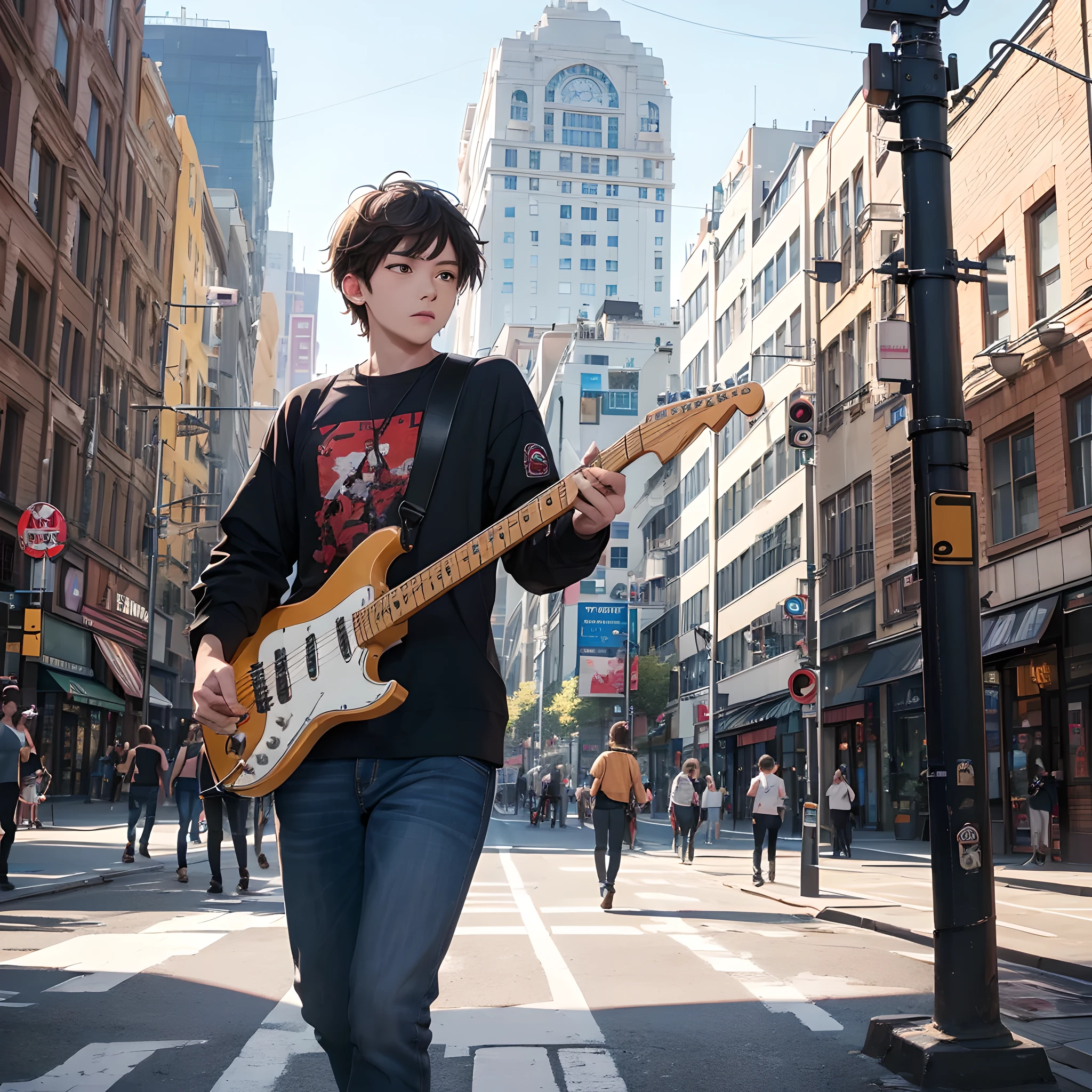 (best quality,4k,8k,highres,masterpiece:1.2),boy , In a shirt , plays electric guitar, to the streets , square, in the city, boy играет ,