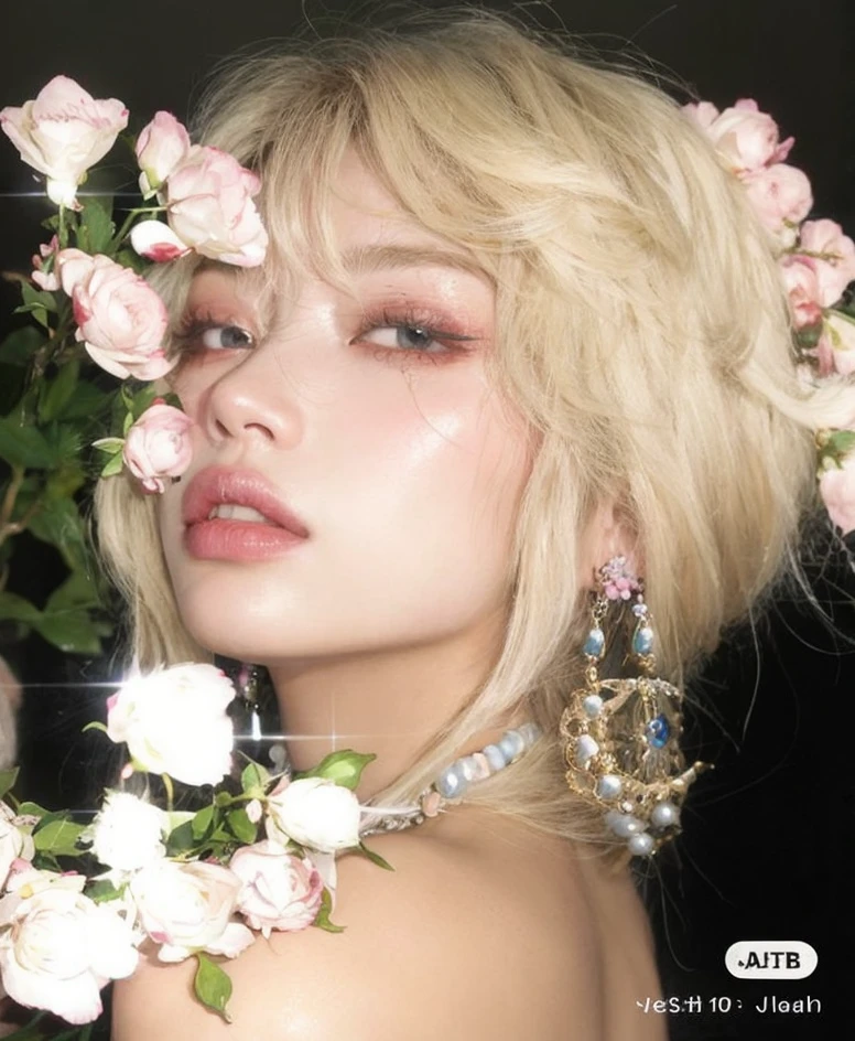 blond woman with flowers in her hair and a necklace around her neck, portrait of kim petras, with flowers, huge earrings and queer make up, lalisa manobal, belle delphine, her face looks like an orchid, floral bling, covered in jewels, yelena belova, roseanne park of blackpink, with frozen flowers around her