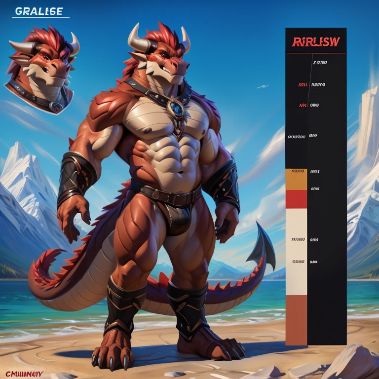 (by chunie, voidlesky, @Utakoloid/Myiko, Greg Rutkowski), hi-res, good graphics, great anatomy, anatomically correct, solo, character sheet, male, Species: Anthro Dragon/Anthro Bull
