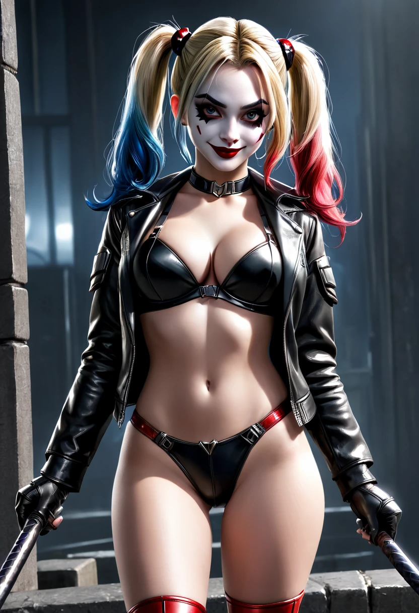 Harley Quinn, offener Mund, sexy Pose, Perfect body, offene Leder Jacke, 8k, perfekt, POV, Meisterwerk, Betrachter anschauen, harte brustwarzen, sexy Ausstrahlung, good quality, eregter blick, harte nippel, perfekte Augen, perfektes Gesicht, string Tanga lugt hervor, will sex haben, will ficken, ist sehr eregt, arkham knight, mini rock, von hinten, geile arsch, arsch,