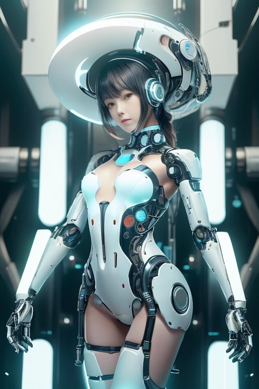 (realistic:1.4), (Raw photo),table top, highest quality, very detailed, (realistic:1.4), (8K, 4k, highest quality, High resolution, 超High resolution:1.1), 8K portrait,1 girl, Japanese アンdroid gid,Plump , announcer,Control panel,アンdroid,droid,view audience,mechanical hand, ,robot arms and legs, black hair,Machine body,dull bangs,white robot parts,perfect robot woman,charging spot,long tube,A thick cable was connected to his neck...,ceramic body ,Machine body, mechanical ear covers,アンdroid,robot humanoid,a little chubby,panties,full eyes,perfect machine body,white robot body,laboratory of the future,アンdroid factory,mechanical ear covers,white and light blue uniform,aqua accent costume,