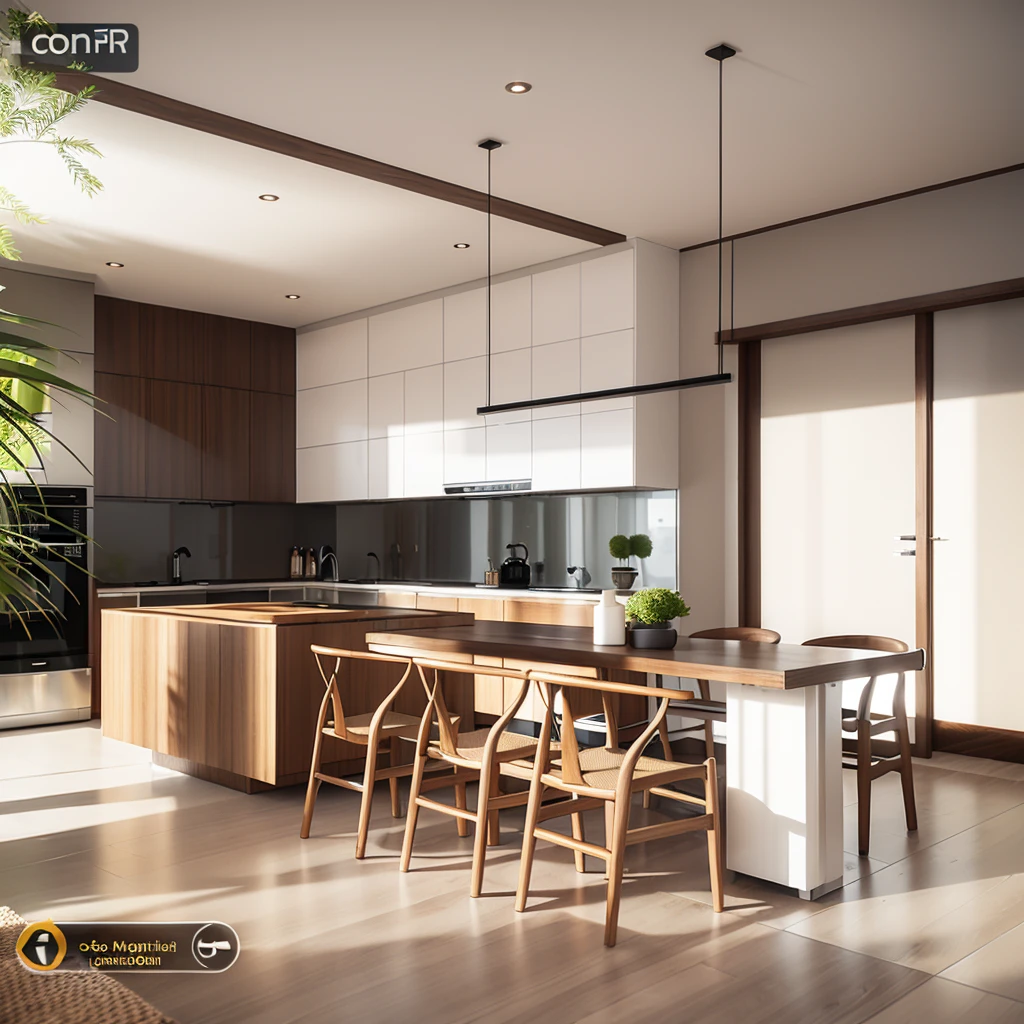 Kitchen room, interior design, (tones gray with white),  (modern style), (jars, bottles), (fruits arranged on plates), dinner plate trays, kitchen utensil racks, flower vases, (wooden floor cladding grossy MDF melamine), (Louver curtain wood), (scattered light rays penetrate through translucent curtains), (architectural visualization style:1.2), (reflection), (focus on object), (scattered light) ((((volumetric light))) (multi-beam light) (sunbeam) (multi-level reflection), (grossy wooden floor), (spotlight) {warm led light|4000k}, (corona software visualization render:1.2),day, 8k uhd, dslr, soft lighting, high quality, film grain, Fujifilm XT3, ((intricate detail)), ((extreme detail)), ((science)), ((hyper-detail)), ((super detail)), ((super realistic)), ((crazy detail)), ((octane render)), ((Cinematic))