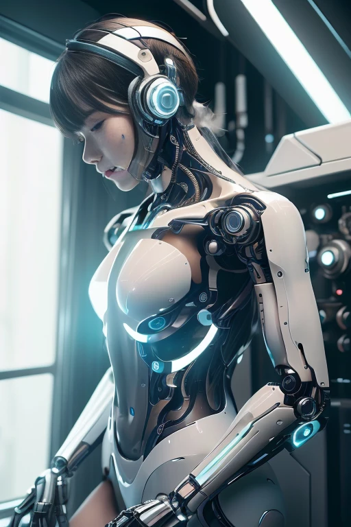 (realistic:1.4), (Raw photo),table top, highest quality, very detailed, (realistic:1.4), (8K, 4k, highest quality, High resolution, 超High resolution:1.1), 8K portrait,1 girl, Japanese アンdroid gid,Plump , announcer,Control panel,アンdroid,droid,view audience,mechanical hand, ,robot arms and legs, black hair,Machine body,dull bangs,white robot parts,perfect robot woman,charging spot,long tube,A thick cable was connected to his neck...,ceramic body ,Machine body, mechanical ear covers,アンdroid,robot humanoid,a little chubby,panties,full eyes,perfect machine body,white robot body,laboratory of the future,アンdroid factory,mechanical ear covers,white and light blue uniform,aqua accent costume,