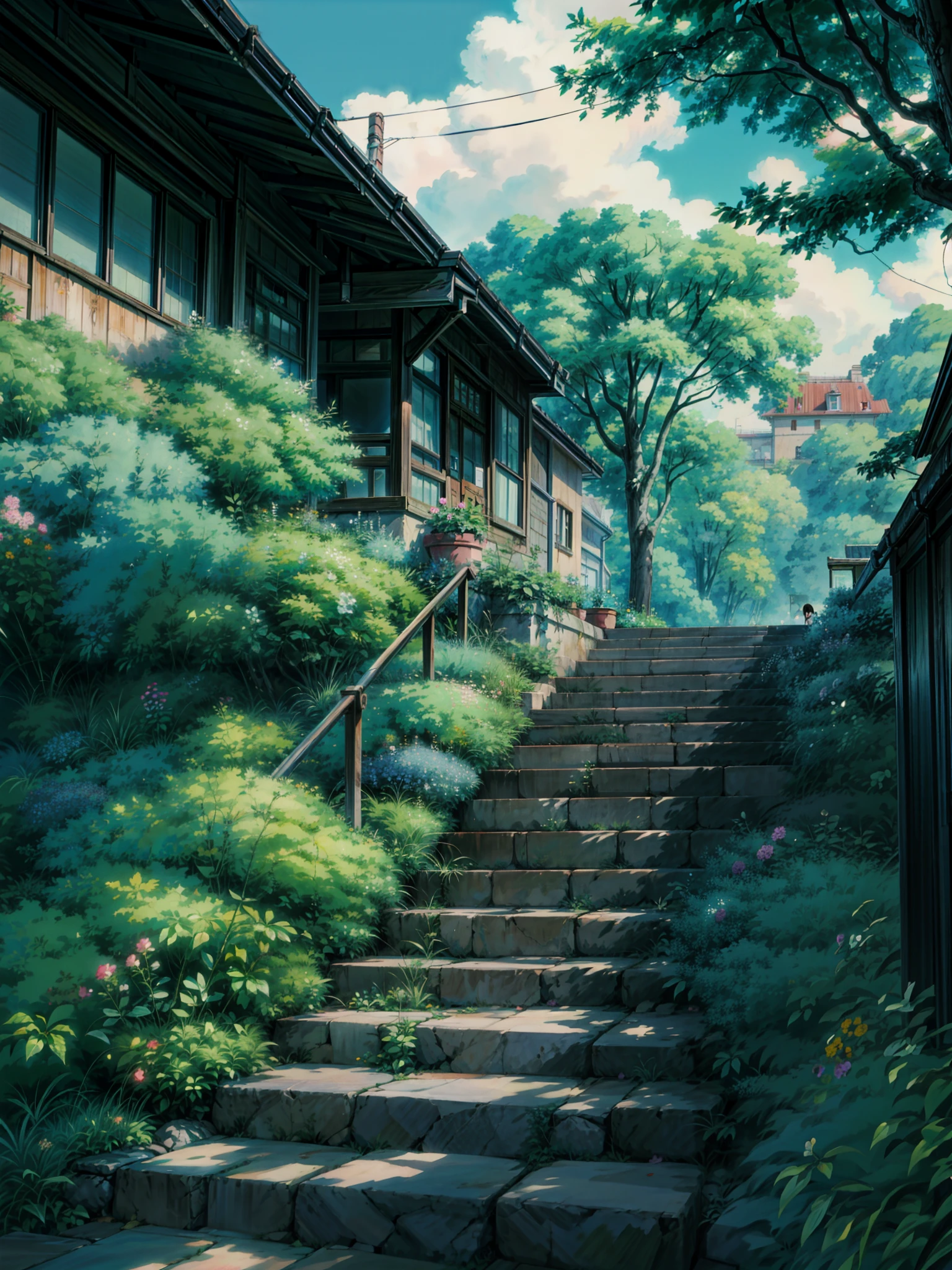 a painting of stairs leading up to the way, flowers, hanging flowers, roses, makoto shinkai. high detail, overgrowth. by makoto shinkai, by makoto shinkai, by Makoto Shinkai, anime. by makoto shinkai, studio ghibli environment, ghibli studio art, cinematic studio ghibli still, ghibli studio style, style of makoto shinkai,  4k hd,, beautiful art uhd 4 k, a beautiful artwork illustration, beautiful digital painting, highly detailed digital painting, beautiful digital artwork, detailed painting 4 k, very detailed digital painting, rich picturesque colors, gorgeous digital painting