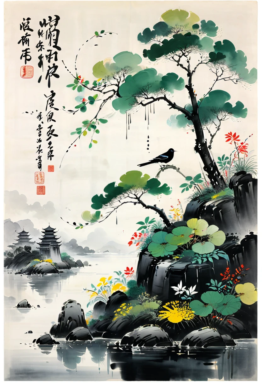 Crow, by Wu Guanzhong, (masterpiece, best quality, Professional, perfect composition, very aesthetic, absurdres, ultra-detailed, intricate details:1.3)