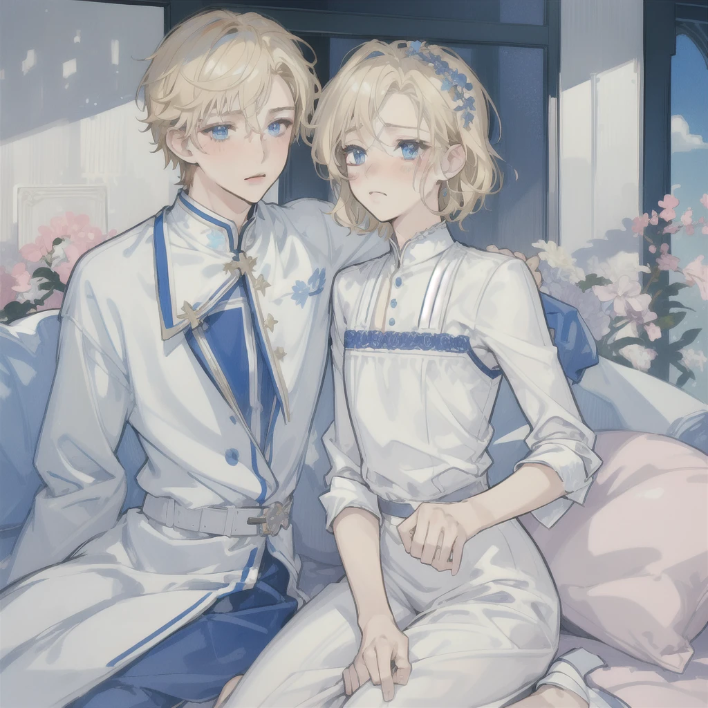 ((masterpiece:1.2, Best quality)), 4K, young, 1 person, alone in the frame, man, boy, short, Short blond hair, soft wavy hair, Blue eyes, modest, shy, blush, Casual wear, modernity