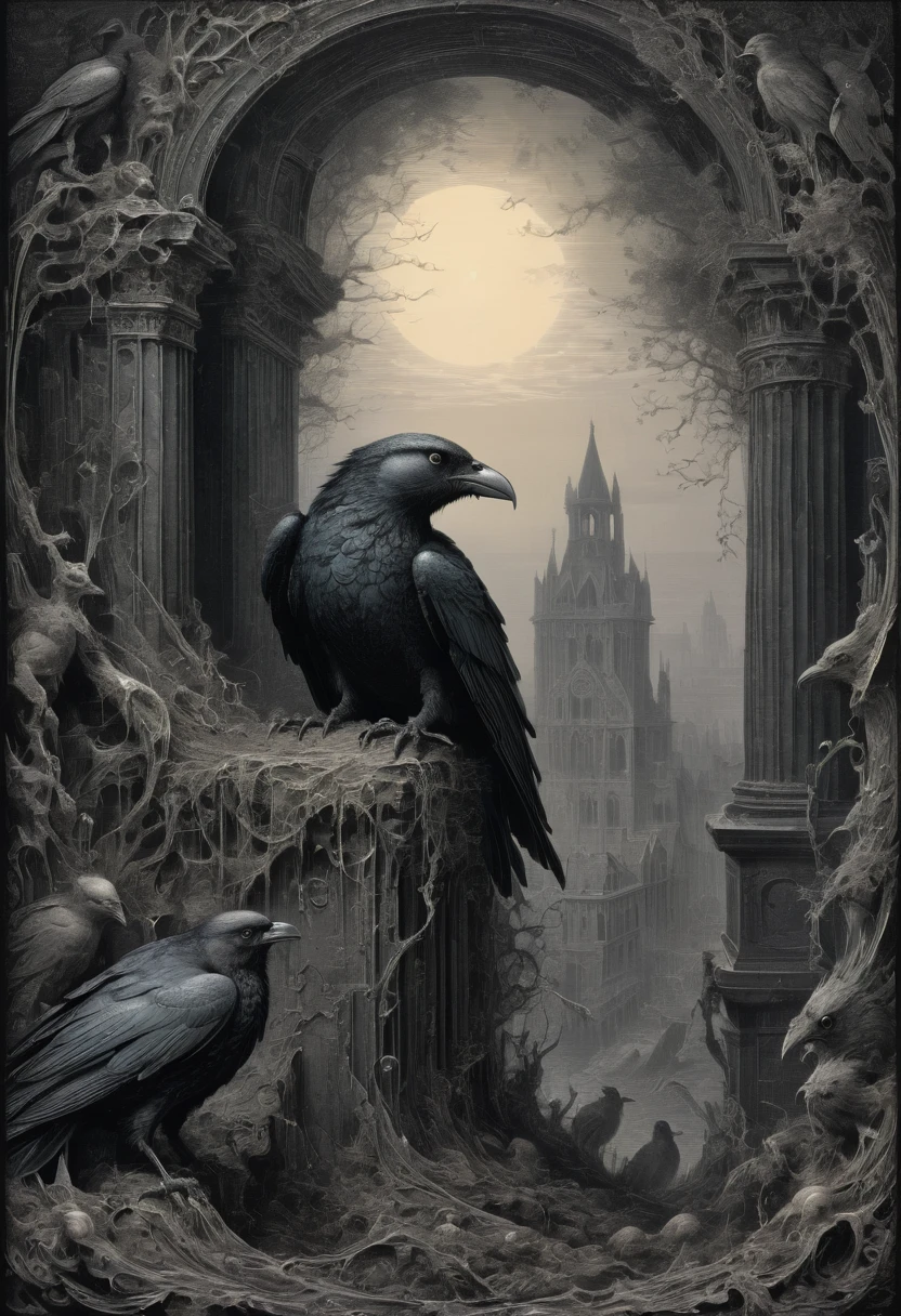 Crow, by Gustave Doré, best quality, masterpiece, very aesthetic, perfect composition, intricate details, ultra-detailed