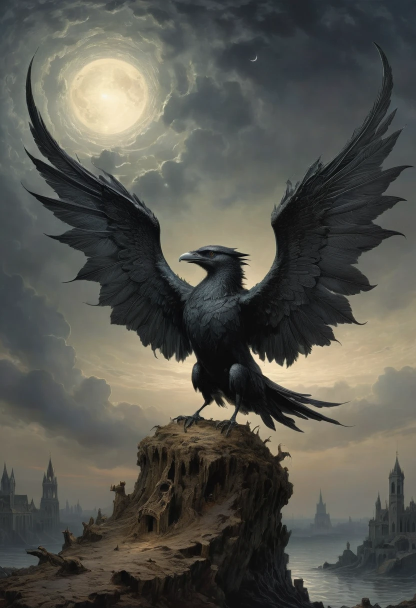 Crow, by Gustave Doré, best quality, masterpiece, very aesthetic, perfect composition, intricate details, ultra-detailed
