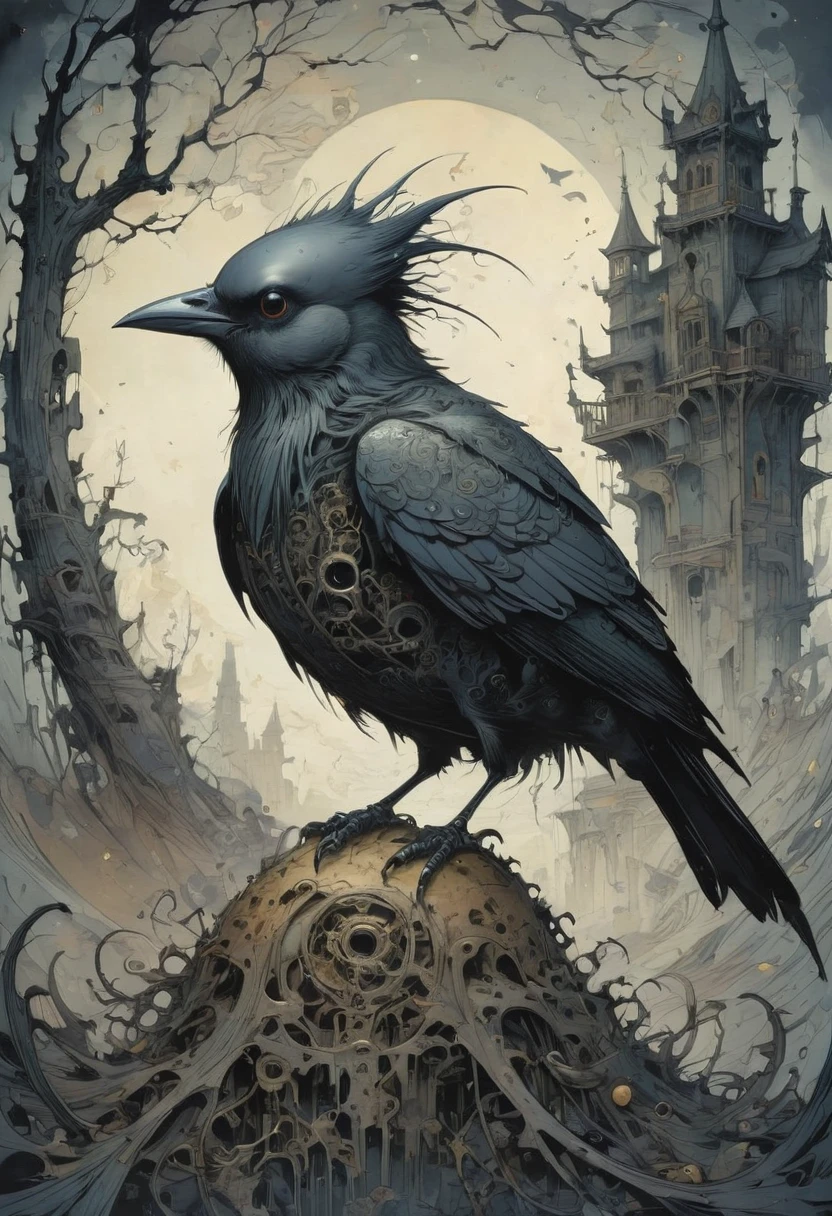 Crow, by Gris Grimly, best quality, masterpiece, very aesthetic, perfect composition, intricate details, ultra-detailed