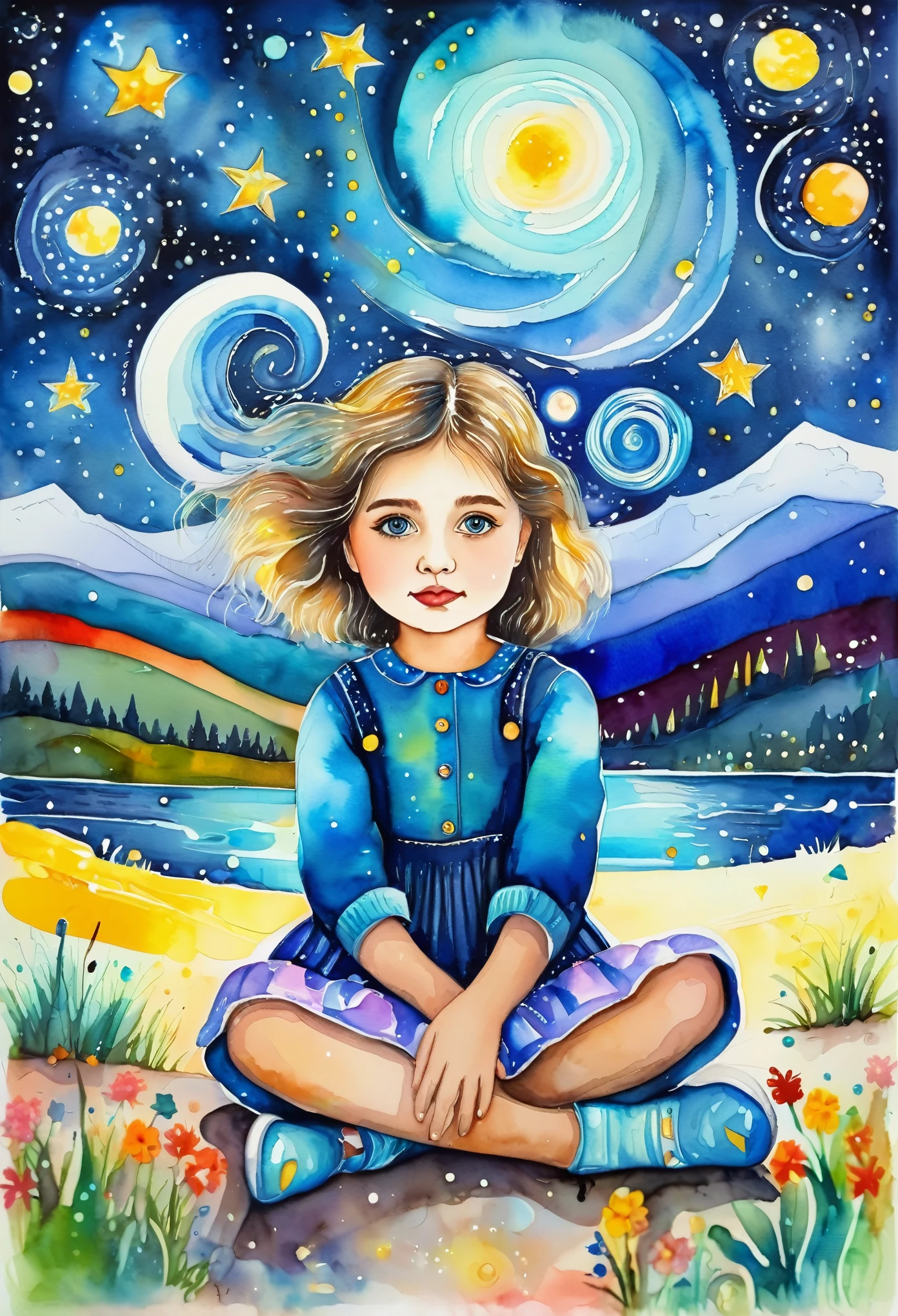 (pretty girl He's been sitting for a month) a starry night, ((Ekaterina Babok style)), magic naive art, primitivism, watercolor juice colorfull,
, ((best quality, Masterpiece)), ((Highest detail)), RAW:1,1, 8k