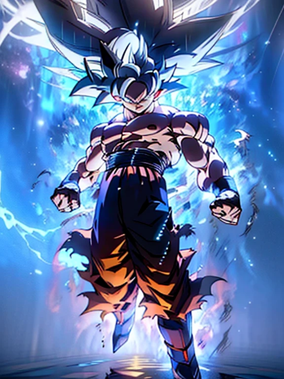 Son Goku transforming into Ultra Instinct surrounded by blue Aura and lightning full body shot, 4k, Silver Hair, Silver Pupils, high details, epic, cinematic