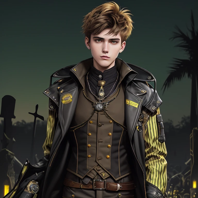 20-year-old man Steampunk hunter suit black jacket yellow shirt with stripes military green jeans light brown hair looking straight at viewer background of night cemetery