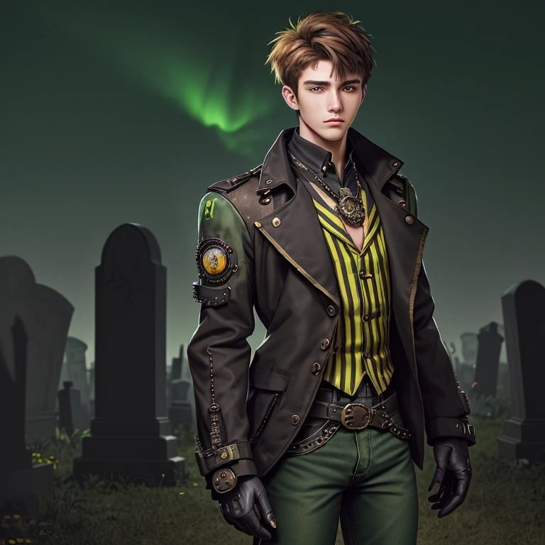 20-year-old man Steampunk hunter suit black jacket yellow shirt with stripes military green jeans light brown hair looking straight at viewer background of night cemetery