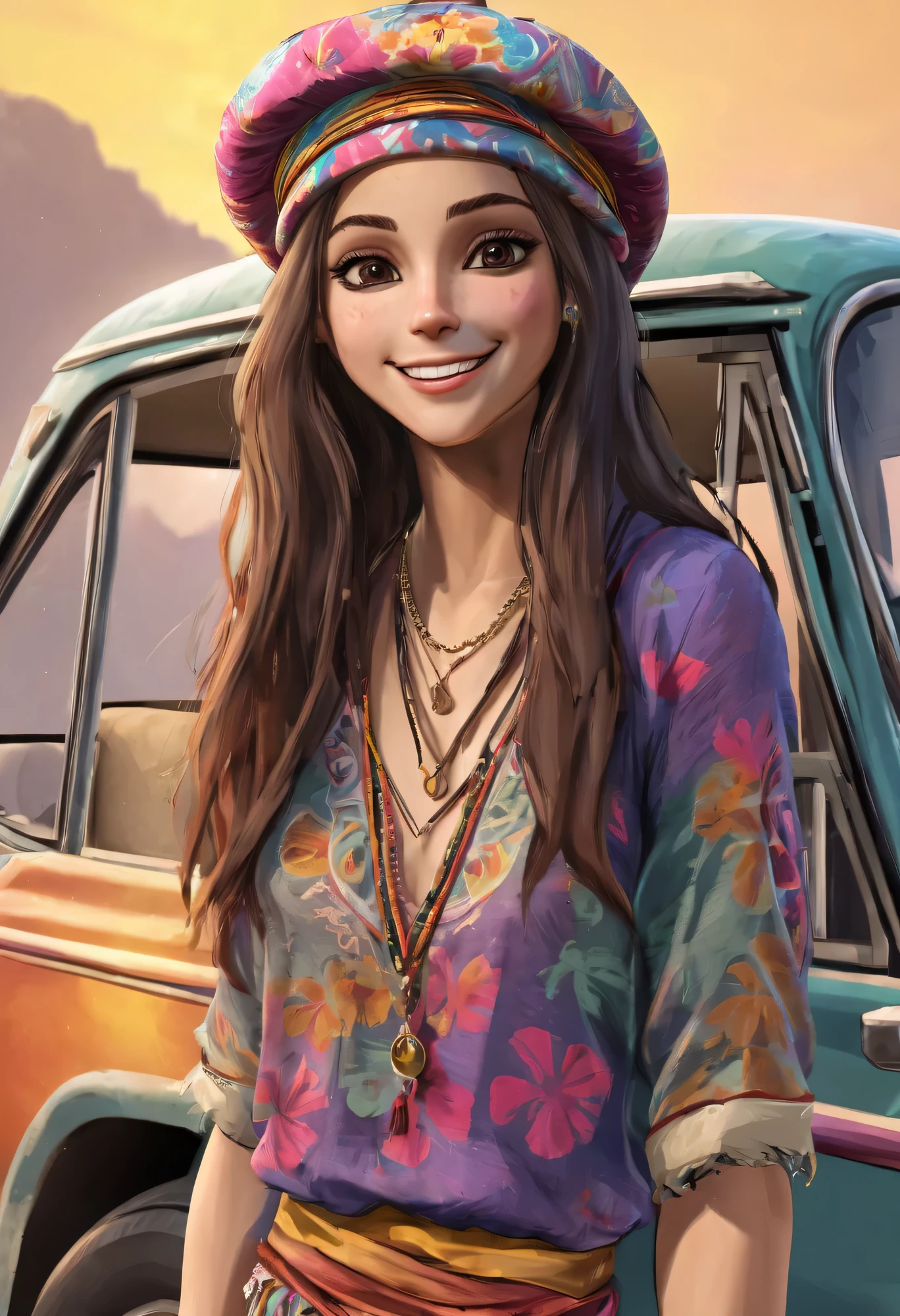 Full Shot, Full Body: 1.4, Unreal Engine: 1.4, Ultra Realistic, Photorealistic CG K: 1.4, Skin Texture: 1.4, Masterpiece: 1.4, ((Beautiful woman in hippie style hat, hippie clothes, happy, beautiful smile and perfect, subtle, making funny gestures: 1.5)), driving a truck Bohemian hippie: 1.7, long hair, hippie clothes of various colors, 32k.