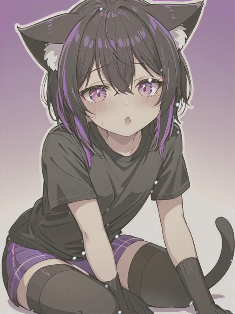 Boy, femboy, kemono, Medium ass, Black shirt with purple stripes, black hair, bangs covering the left eye, long black socks with a cat face, expression of shame 