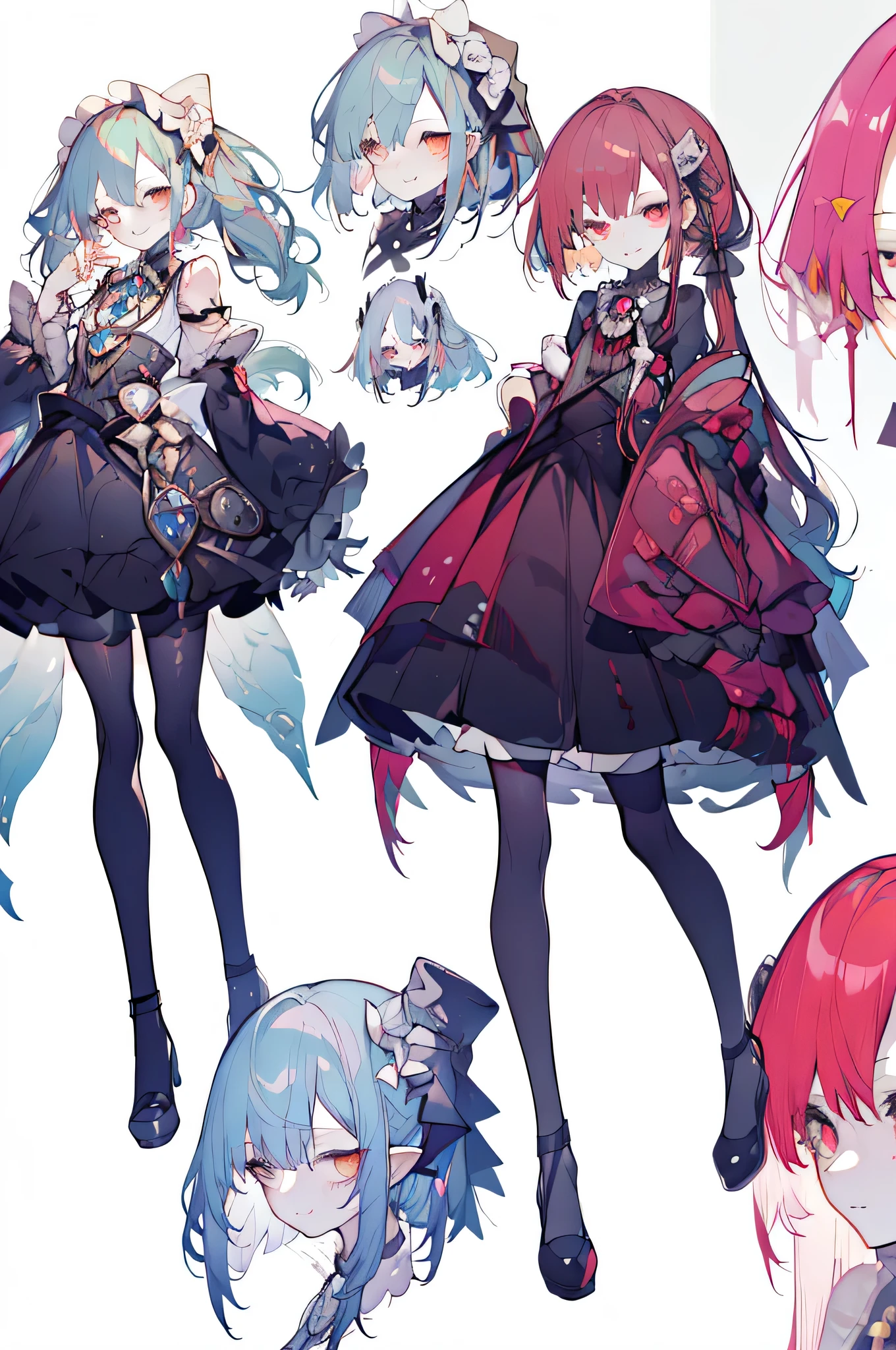 Three views of roles，Character Design，Character Design，Three Views，full body esbian，frontage，side，behind，sett，lolita prostitute，so gorgeouaximalism，extreme details，Rococo style，super long hair，intricate accessories，Complex hairstyles，gem,((red hair)),evil smile,