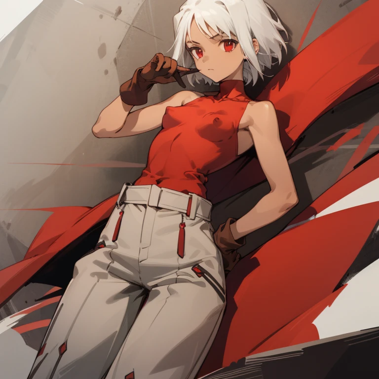 ((highest quality)), ((masterpiece)), (be familiar with), CANAAN, 1 girl, alone, silver hair,brown skin,red eyes,long pants,red sleeveless,Clothes with a visible back, Slender,slender,short hair,small breasts, erect nipples, gloves, put your hand on your waist
