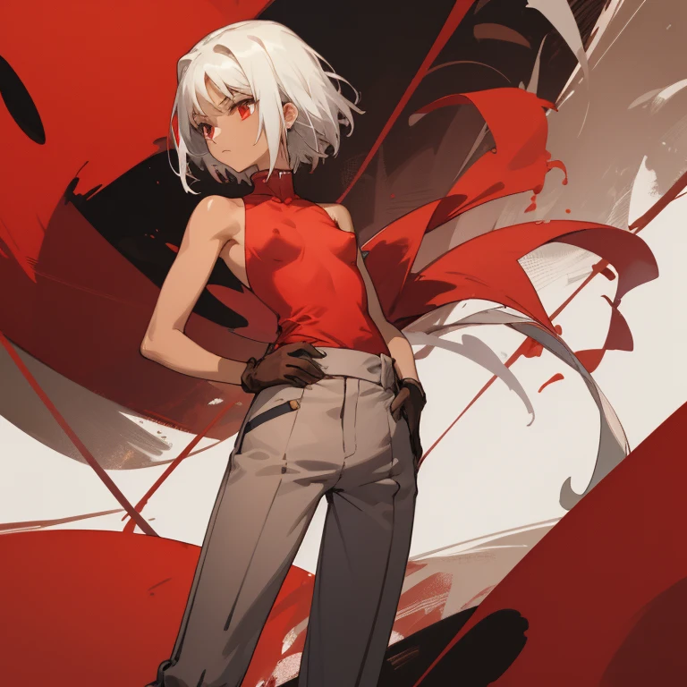 ((highest quality)), ((masterpiece)), (be familiar with), CANAAN, 1 girl, alone, silver hair,brown skin,red eyes,long pants,red sleeveless,Clothes with a visible back, Slender,slender,short hair,small breasts, erect nipples, gloves, put your hand on your waist