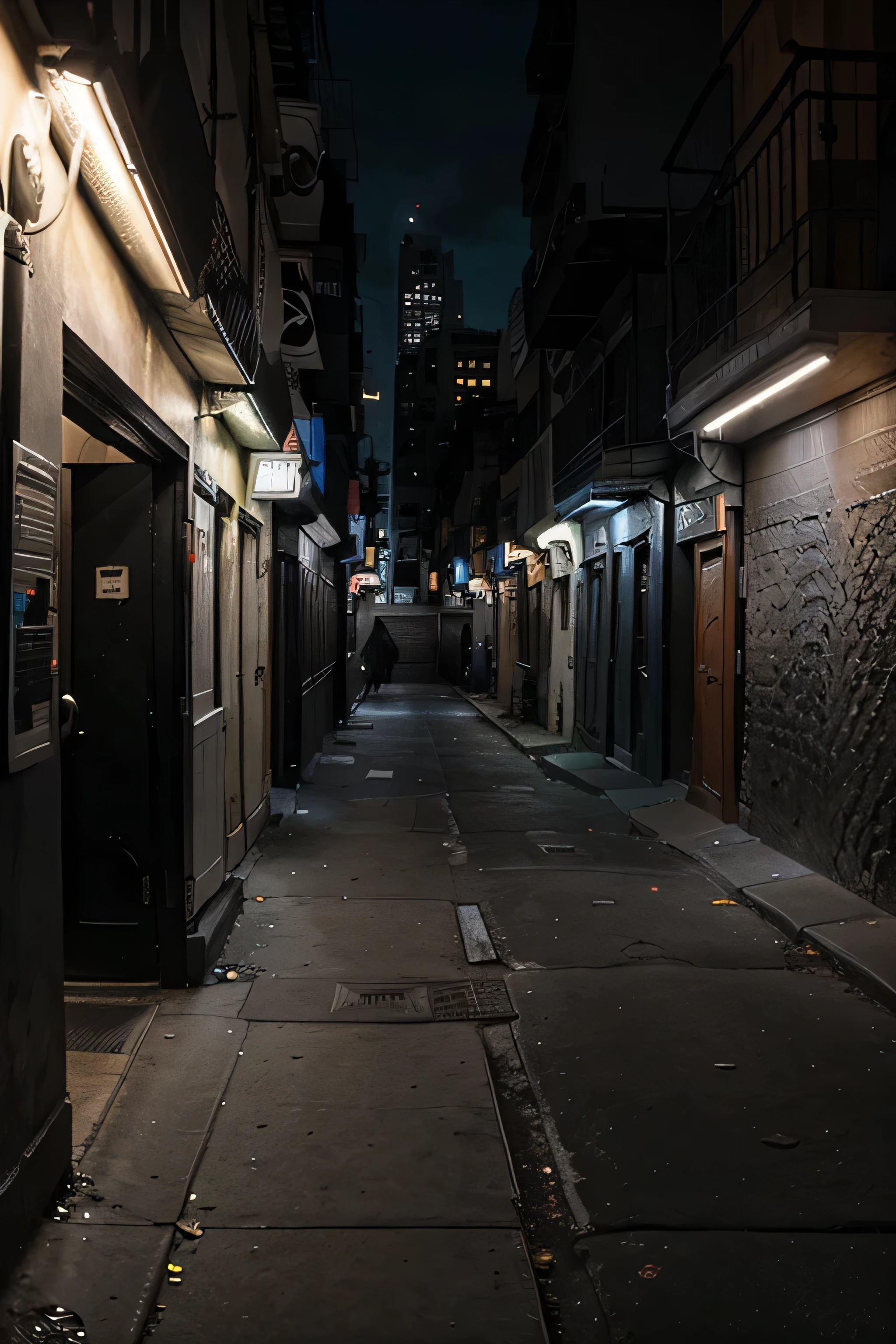 un callejon de ciudad moderna oscuro de nueva york entre 2 edificios con un contenedor de basura