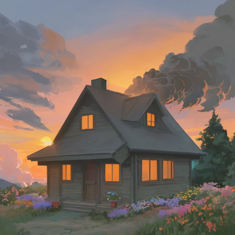 small house on top of a hill, smoke coming from the chimney, clouds in the sky, trees and flowers, sunset