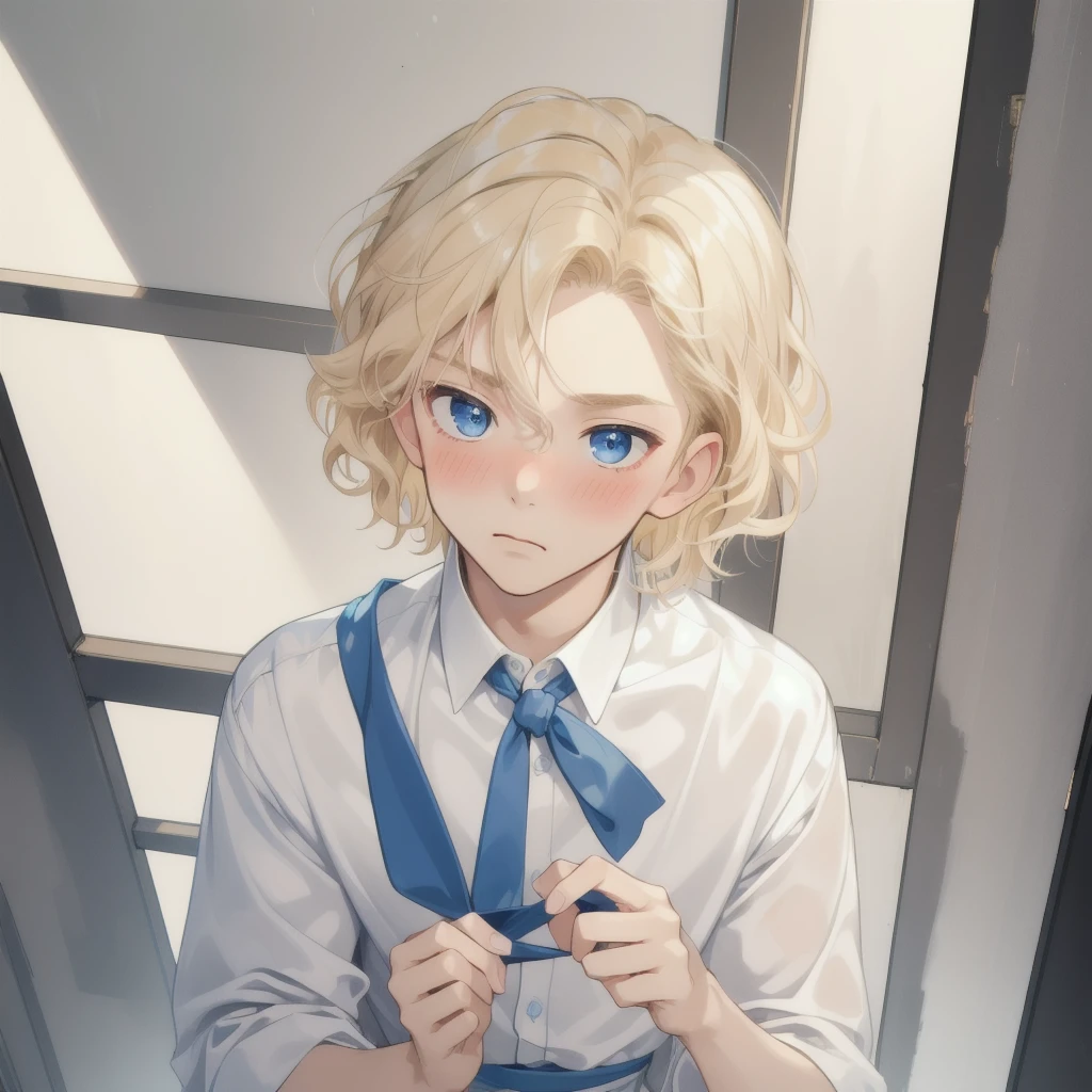 ((masterpiece:1.2, Best quality)), 4K, молодой boy, 1 person, alone in the frame, man, boy, short, Short blond hair, soft wavy hair, Blue eyes, modest, shy, blush, Casual wear, modernity