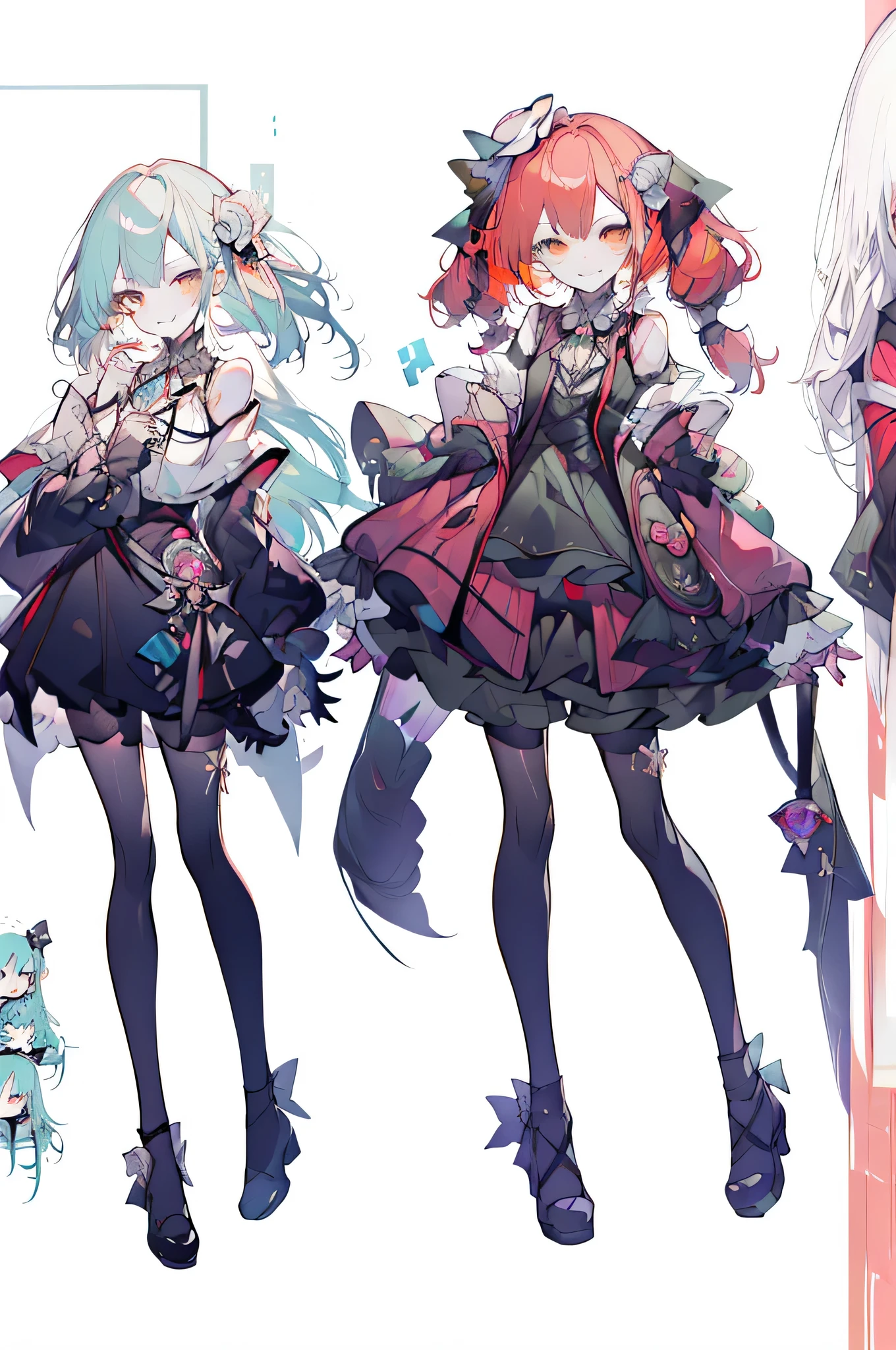 Three views of roles,Character Design,Character Design,Three Views,full body esbian,frontage,side,behind,sett,lolita prostitute,so gorgeouaximalism,extreme details,Rococo style,super long hair,intricate accessories,Complex hairstyles,gem,((red hair)),evil smile,