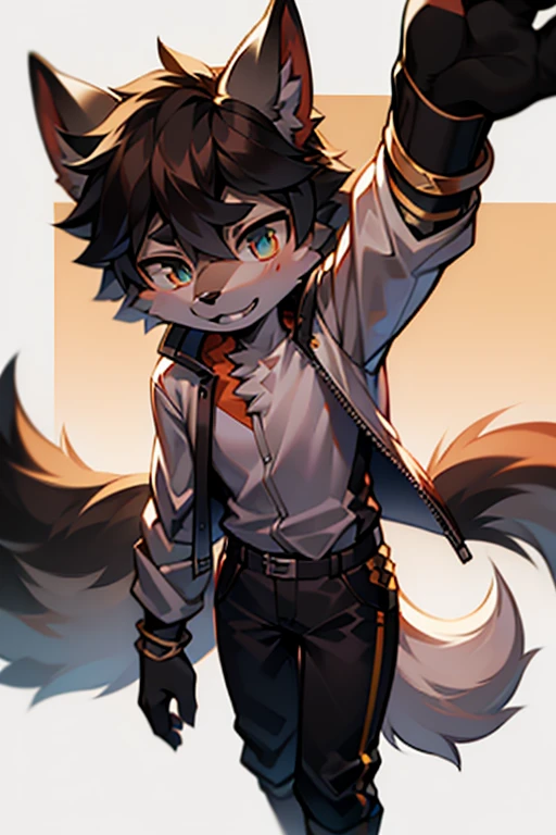 tmasterpiece,eyes with brightness, in a panoramic view, Character focus, solo, Furry male wolf, Off-white fur, Different colored eyes,CasualClothing,Young style,The demeanor is cold,One meter seven height,Particularly handsome, has a tail,BREAK BREAK BREAK,AOEU,vectorial,Line art,pelaje negro,
