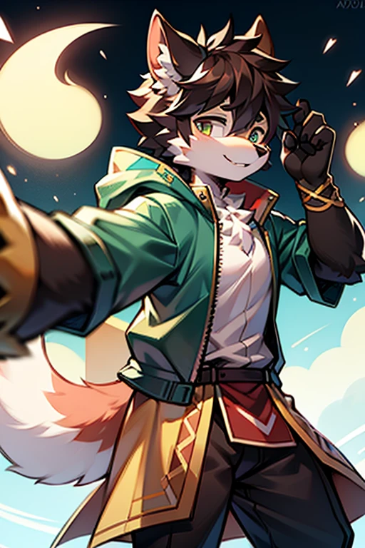The male wolf is 180 cm tall,bluish violet eyes, , cabelos preto e longos, The upper body shows off the perfect body,red and black costume,with smile,Two small ears,Stand with fair skin ,Putting your hands behind your back in the forest