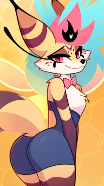 uploaded on e621, solo, queenbee, furry character, furry art, by Kilinah, Coffeesoda, Hioshiru, Kilinah, detailed fur, detailed eyes, girl, female, fox, femenine body, queenbee, anthro, bowtie, cute pose, portrait, tranquil, solo, (body fur:1.2), (best quality), (simple bedroom background:1.2), (detailed fluffy fur:1.1), looking at viewer, tail, thumbs, nakedt , seductive look, half-closed eyes, (two-tone fur), nakedt, ass focus, ass, from behind, nakedt