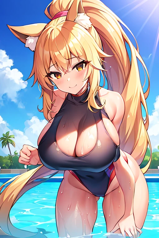 amy, ponytail, bangs, long hair, fox ears, fox tail, thick thighs, breasts, 1girl, wide hips, large breasts, blonde hair, smile, ponytail, tan, one-piece swimsuit, black one-piece swimsuit, competition swimsuit, blue trim, pool, poolside, happy